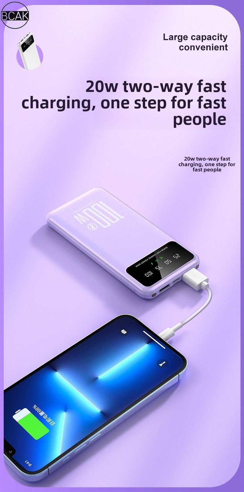 BCAK propose une banque d'alimentation mobile portable de 20 000 mAh, standard authentique, à charge ultra-rapide._voghion.com