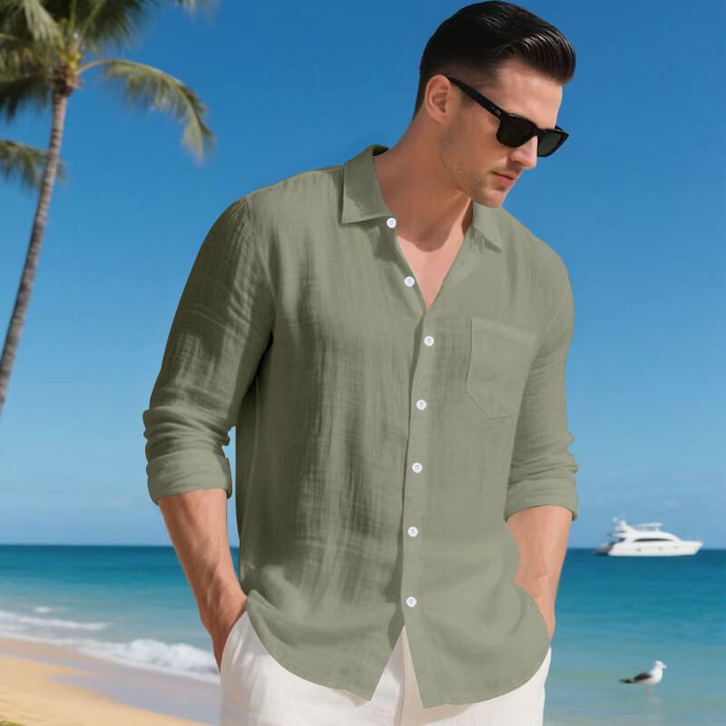 Chemise décontractée en lin pour homme – Chemise boutonnée respirante avec col à revers (blanc/noir/vert kaki/bleu clair, tailles S à XXXL)_voghion.com
