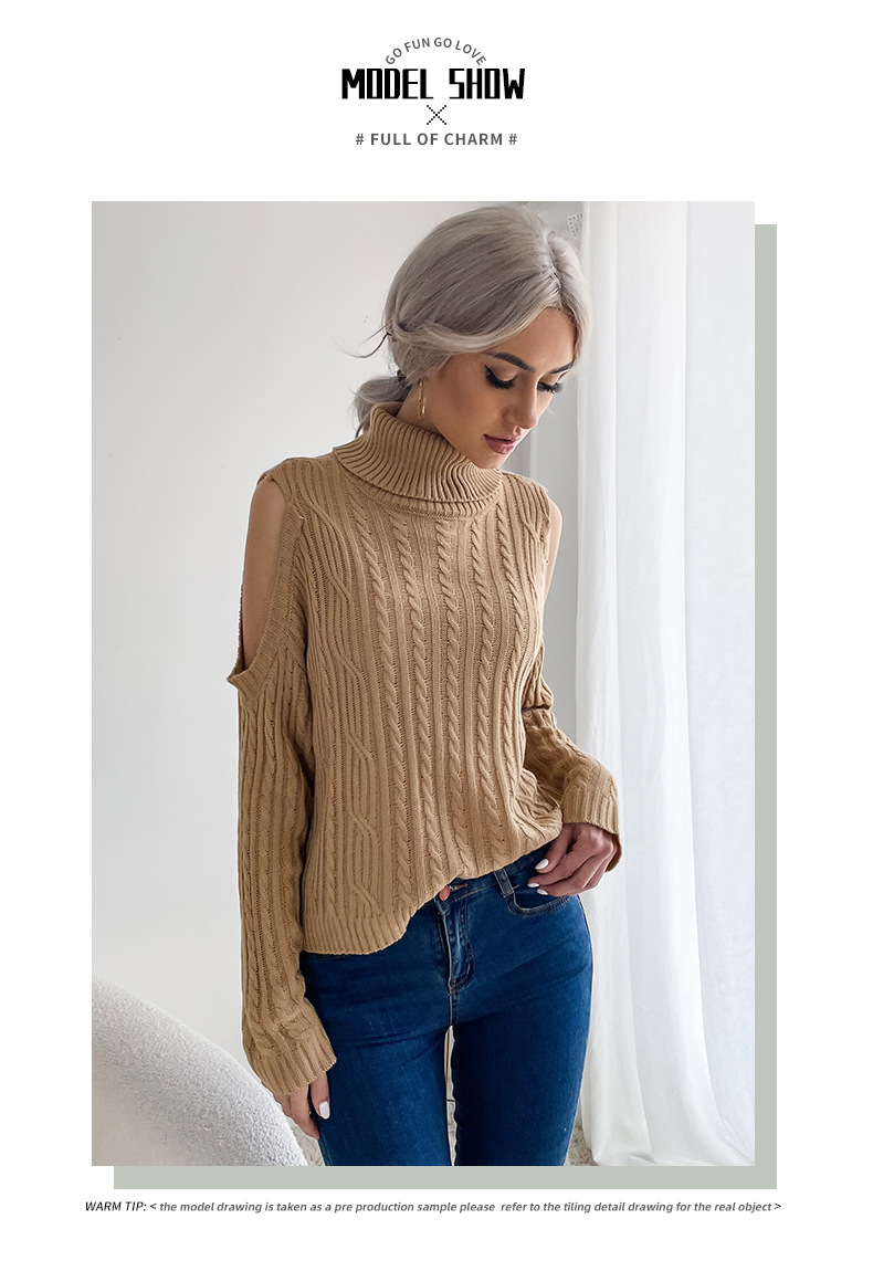Damenmode-Rollkragenpullover, einfarbig, langärmelig, schulterfreier Twist-Pullover_voghion.com