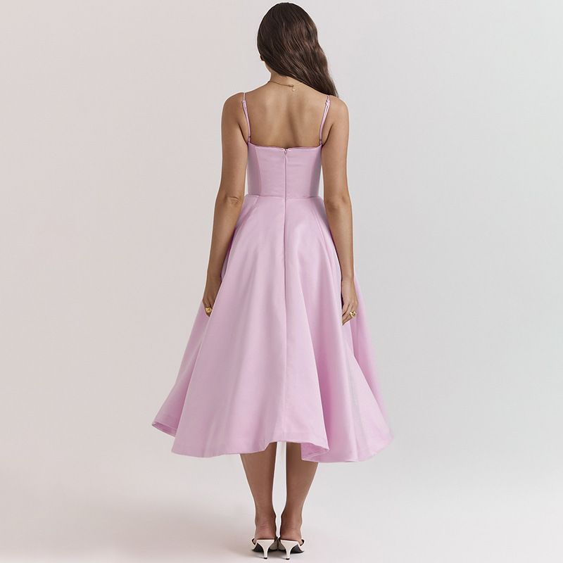 Elegantes V-Ausschnitt-Korsett-Midikleid mit Bügeln und A-Linien-Silhouette – Schlankmachendes Sommer-Basic für Damen_voghion.com