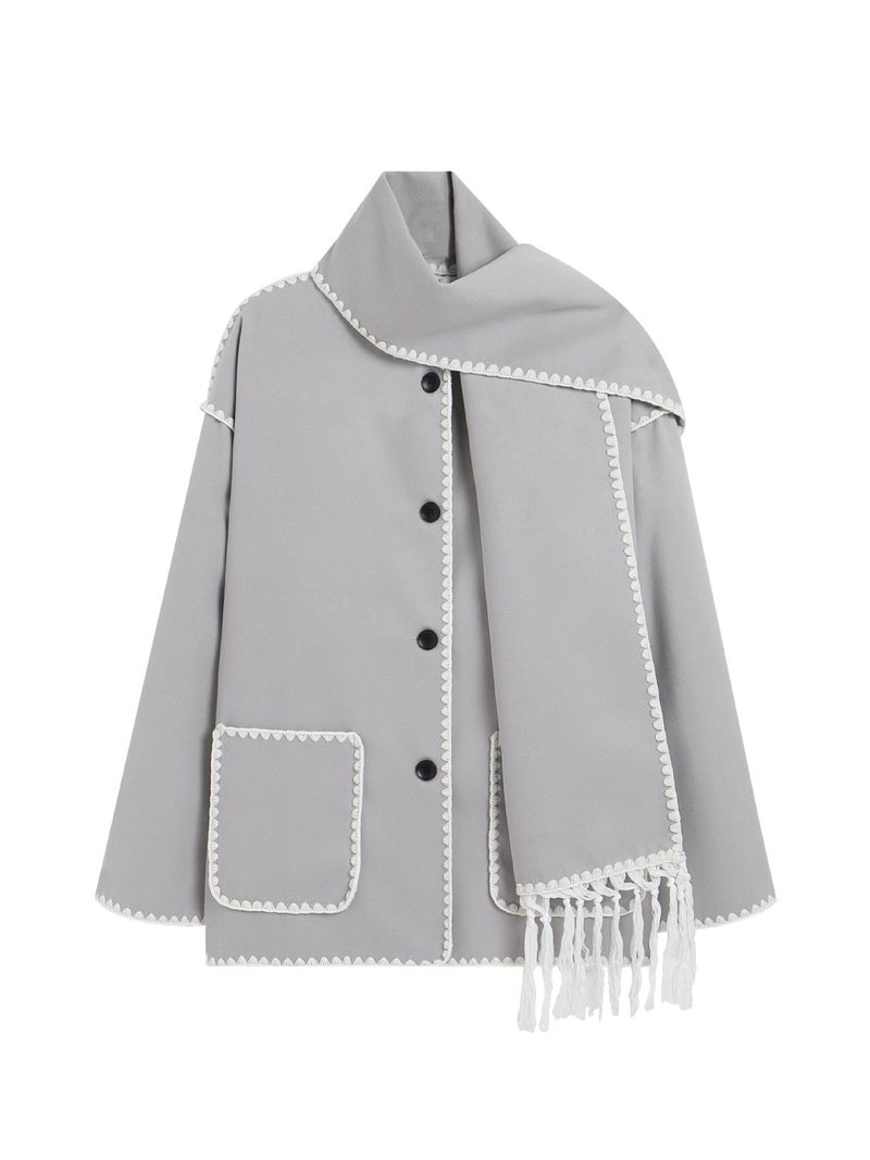 Women’s Fashion Wool-Like Coat – Oversized Tweed Jacket With Scarf & Fringe, Elegant U-Neck, Long Sleeve, Boho Chic_voghion.com