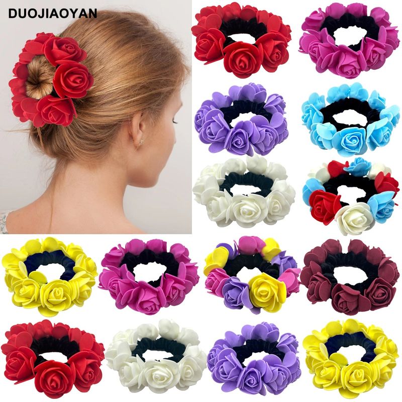 Più affascinante nuovo anello per capelli con fiore di schiuma, ornamento per capelli con rosa, corda per capelli con testa a sfera, anello per capelli elastico alto_voghion.com