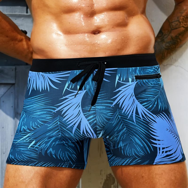 Herren-Badehose mit tropischem Blatt-Print, schnelltrocknend, eng anliegend, Badeshorts im Boxer-Stil_voghion.com