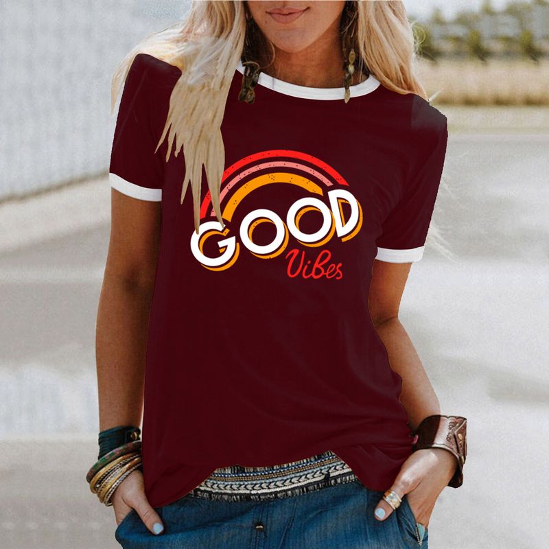 Cross Border Foreign Trade Women's Tops GOOD VIBES Rainbow Print Round Neck Short Sleeved T Shirt_voghion.com