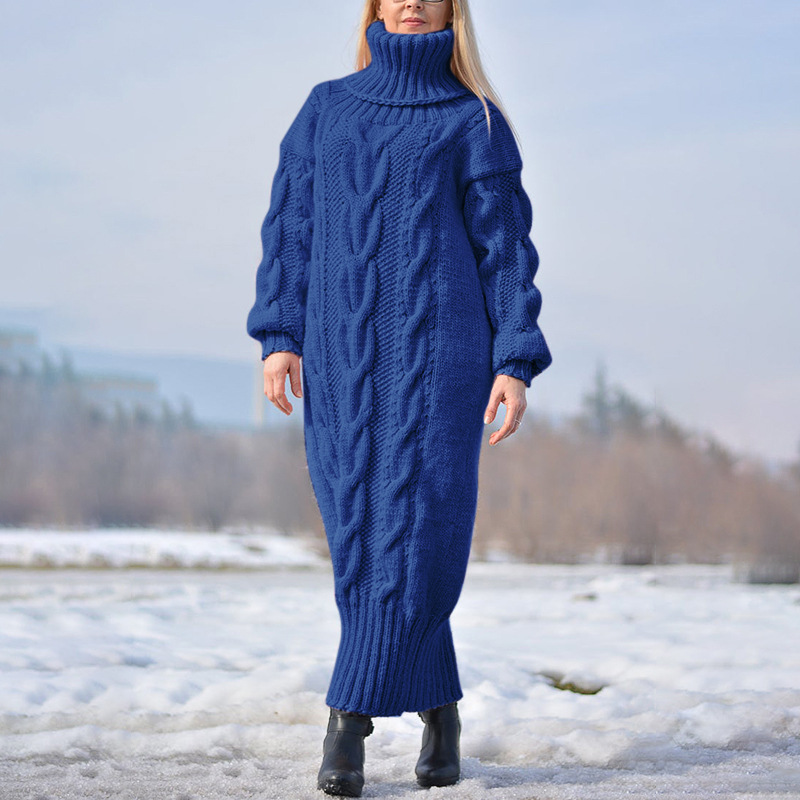 Damenbekleidung Herbst und Winter neuer einfarbiger Pullover mit hohem Kragen, Zopfmuster, locker gestrickter Pullover, Pendlerpullover mit langem Rock_voghion.com