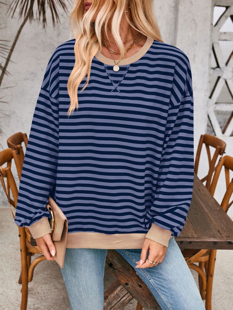 Koreanisches T-Shirt mit kontrastierenden Farben, schlicht gestreift, langärmelig, Oversize-Schnitt, für Damen, Frühling_voghion.com