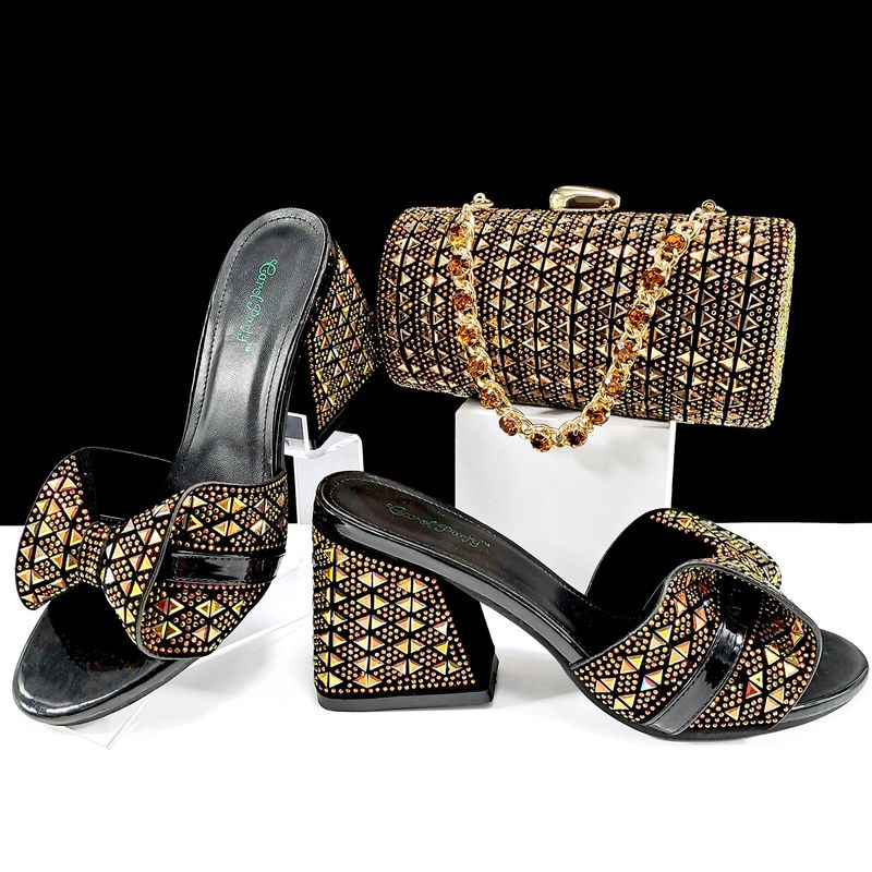 Schuh- und Taschenset für Damen, Sommer-Slipper mit hohen Absätzen, farblich blockierte Strassverzierung, zylindrische Tasche, modisch und lässig_voghion.com