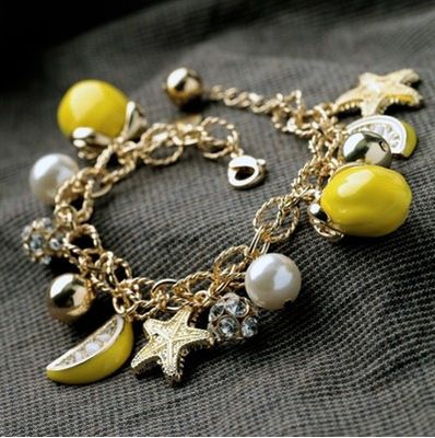 Bracciale da spiaggia con perle e diamanti intarsiati a forma di stella marina e limone, molto venduto, per gioielli da donna_voghion.com