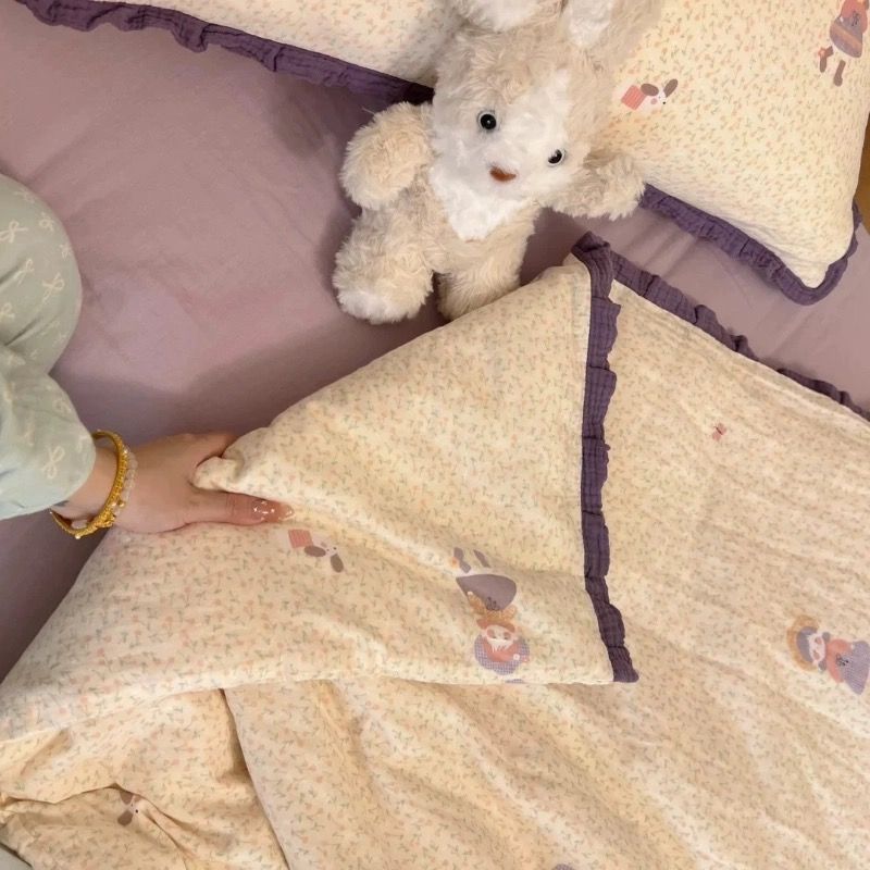 HIINIIA Set di biancheria da letto in cotone lavato con bordo arricciato e filato stropicciato, quattro lenzuola, copripiumino per letto da dormitorio, tre pezzi_voghion.com