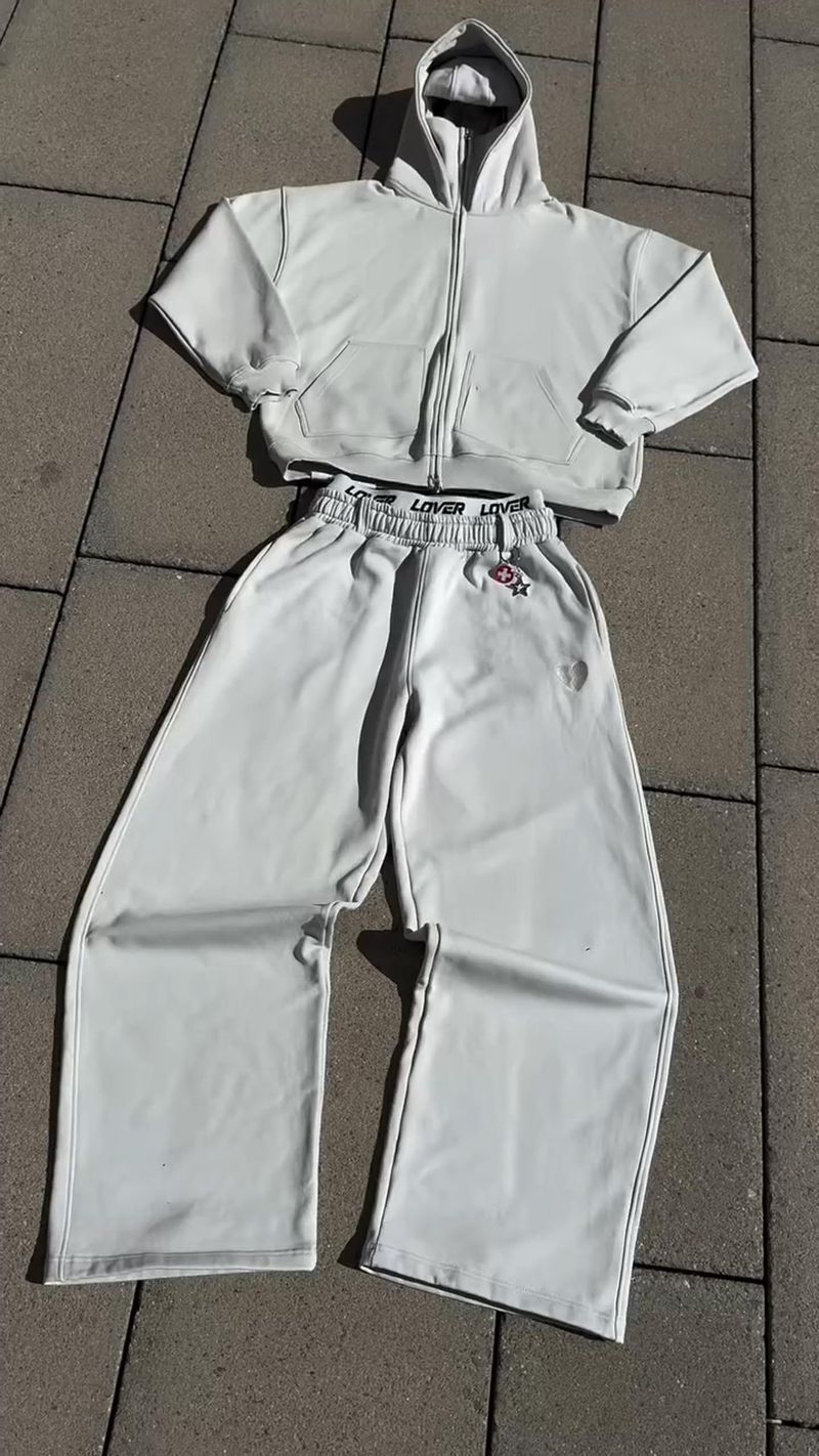 Conjunto de sudadera con capucha y cremallera de cuello alto para hombre y mujer con pantalón a juego. Conjunto informal de pana (gris/marrón)._voghion.com