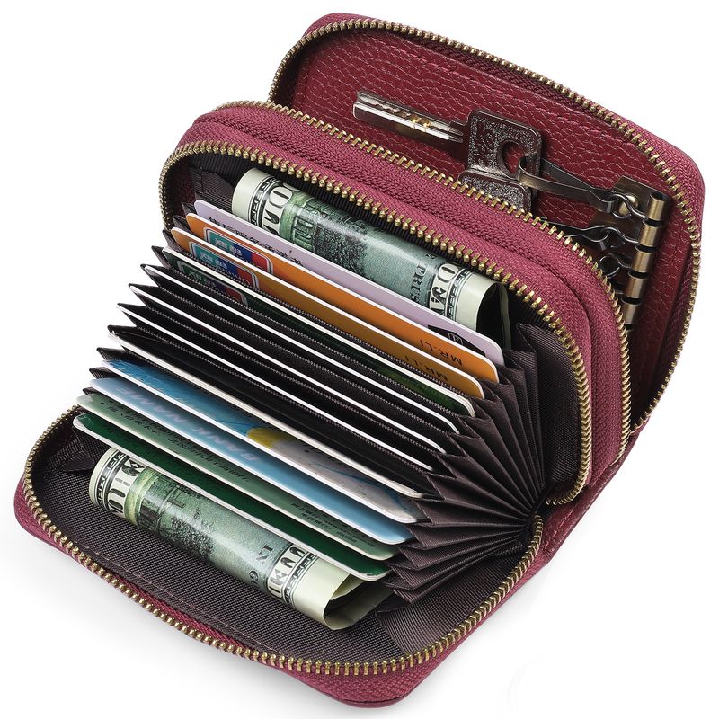 First Layer Cowhide Double Layer Zipper Organ Card Holder Women's rfid Anti-Magnetic Leather Key Case Card Holder ID Card Holder_voghion.com