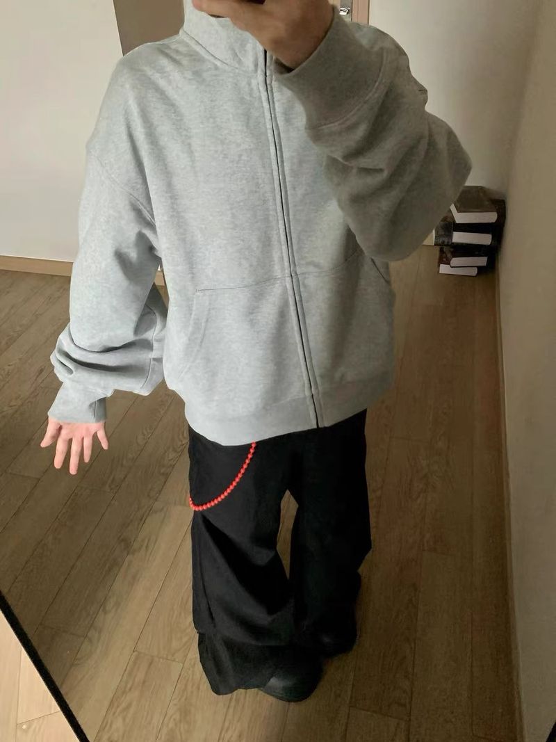 Herrenbekleidung Unisex Casual Kapuzenpullover - Kurzärmlige Reißverschlussjacke mit entspannter Passform in Unifarben (Grau, Schwarz, Beige) für Männer und Frauen_voghion.com