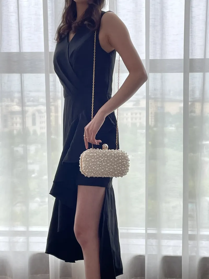 Borsa da sera con perline e tracolla a catena fatta a mano per matrimonio, borsa da donna con perle artificiali per feste di matrimonio_voghion.com
