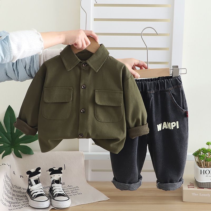 Abbigliamento per bambini primavera autunno 2025, edizione coreana, camicia casual a maniche lunghe, jeans, set da due pezzi, bello e_voghion.com