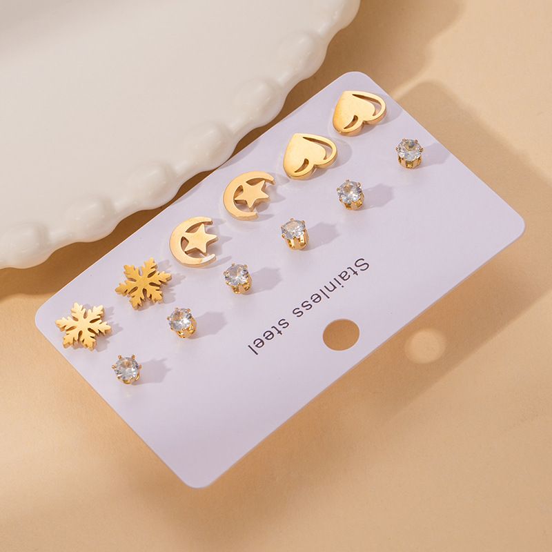 1 Set Simple Style Geometric Heart Shape Butterfly Irregular Plating Titanium Steel Zircon Ear Studs_voghion.com
