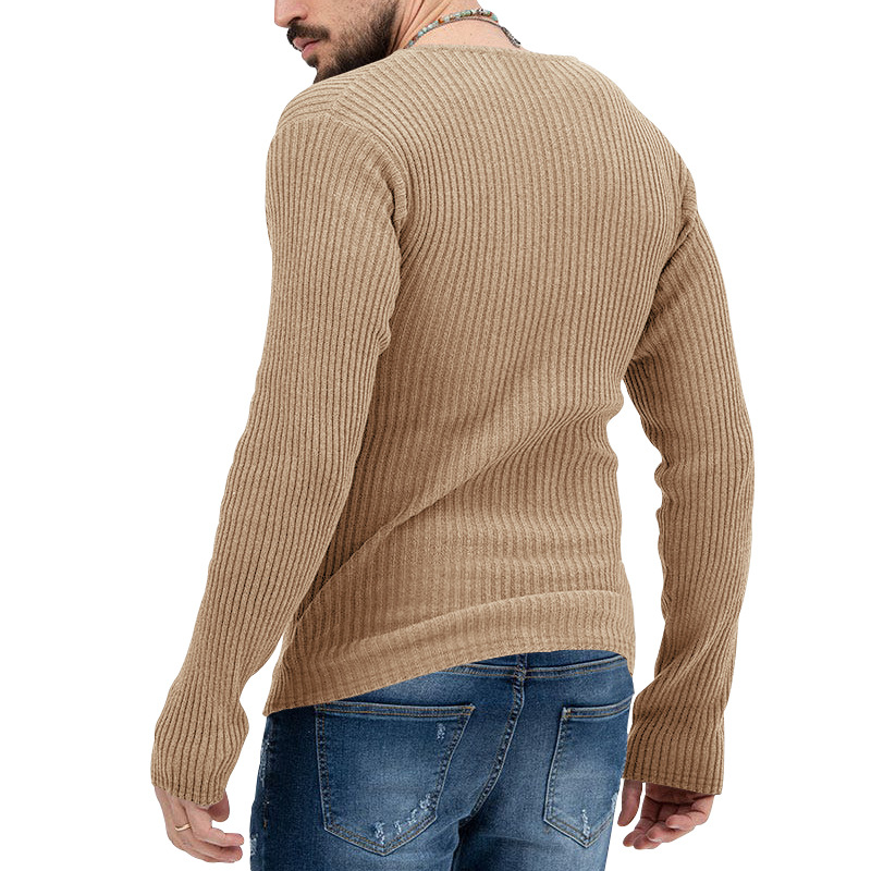 2023 Herren Casual Herbst Winter Tiefe V-Ausschnitt Slim Fit Langarm Einfarbig Gestricktes Basishemd Für Männer_voghion.com