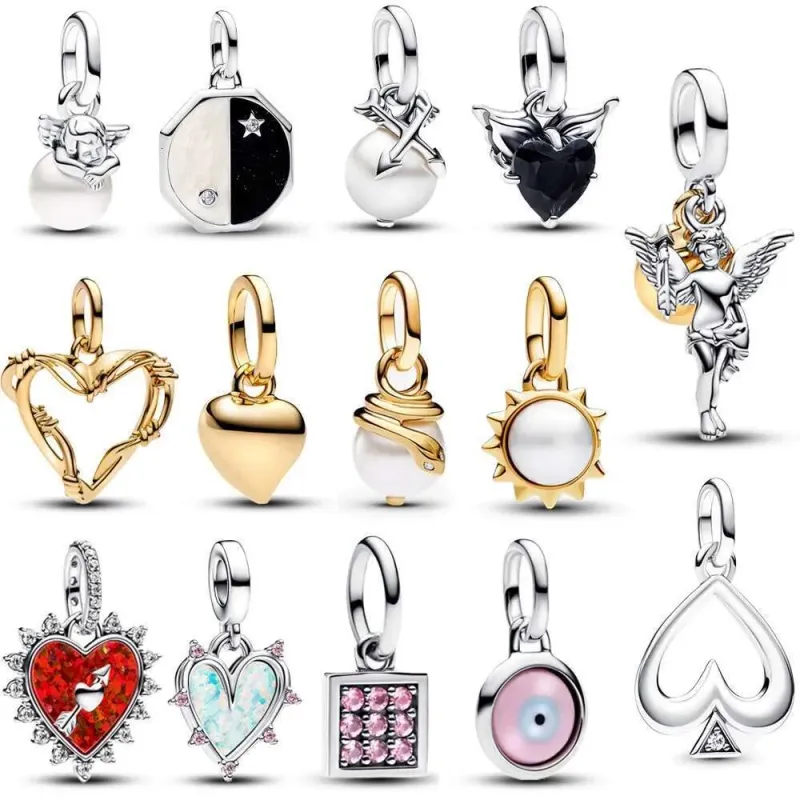 Classic Gold Wire Heart Sparking 925 Sterling Silver Pearl Angel Dangle Charm For DIY Women Bracelet Pendant Accessories_voghion.com