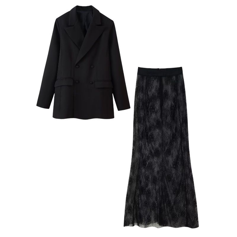 Conjunto de blazer y falda de encaje para mujer: chaqueta con solapa y botones y falda acampanada (rosa, negro y blanco, talla S-L)_voghion.com