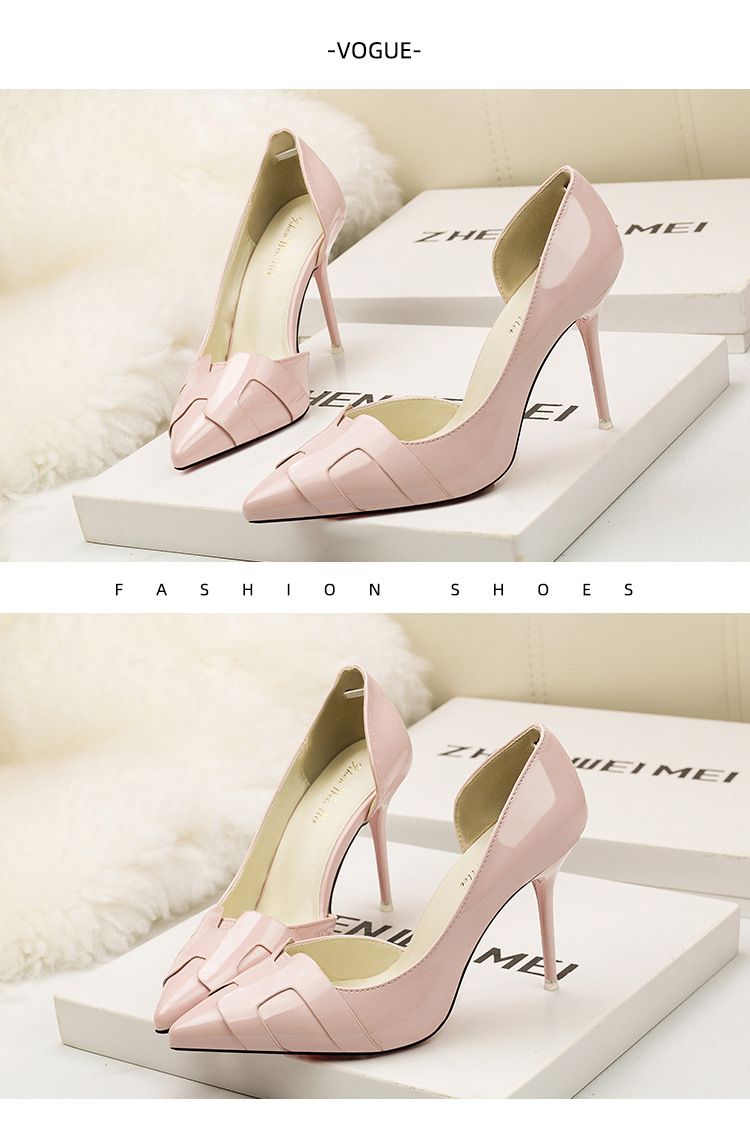 6090-1 Korean version slimming women's shoes with thin high heels, side hollowed out pointed solid color patent leather,_voghion.com