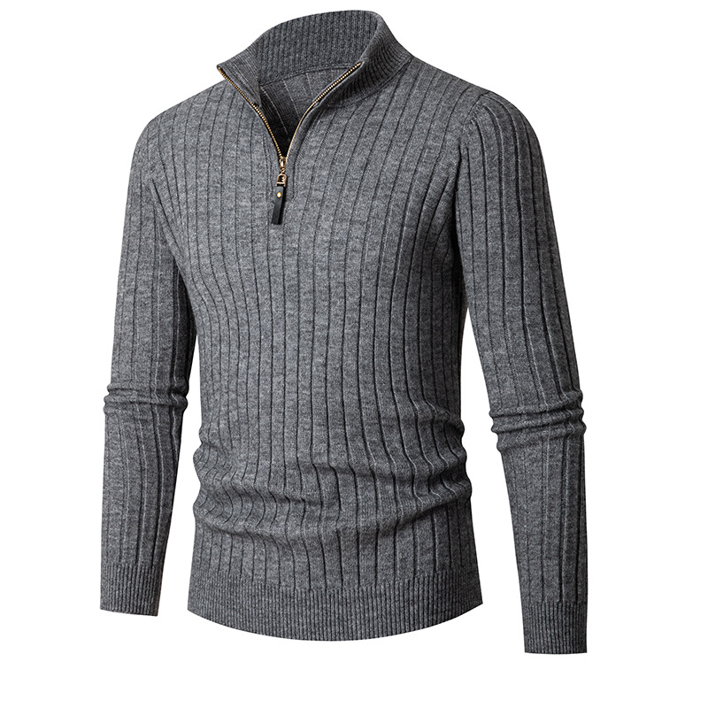 Maglione da uomo europeo e americano in maglia a maniche lunghe con cerniera sul fondo e collo alto, a strisce verticali_voghion.com