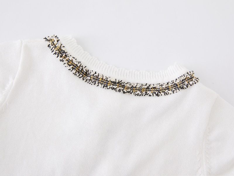 Cardigan élégant en tricot d'inspiration victorienne pour mère et enfant, avec bordure en dentelle, léger et doux, en mélange de coton (blanc-rose/blanc-noir/violet-rose)_voghion.com