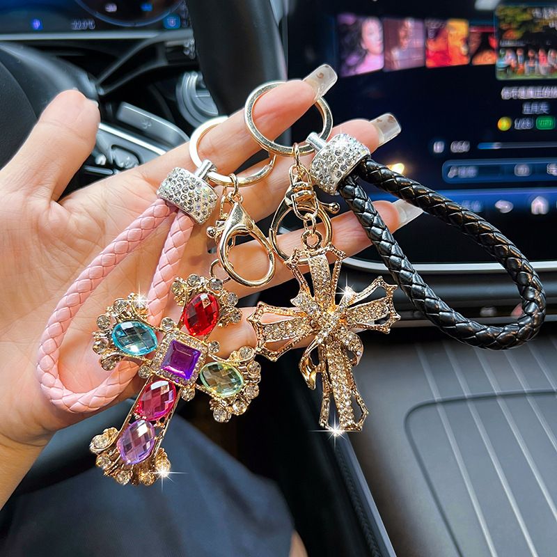 New Creative Leather Rope Alloy Cross Keychain Car Key Pendant Korean Style Personalized Bag Decoration Hanging Chain_voghion.com