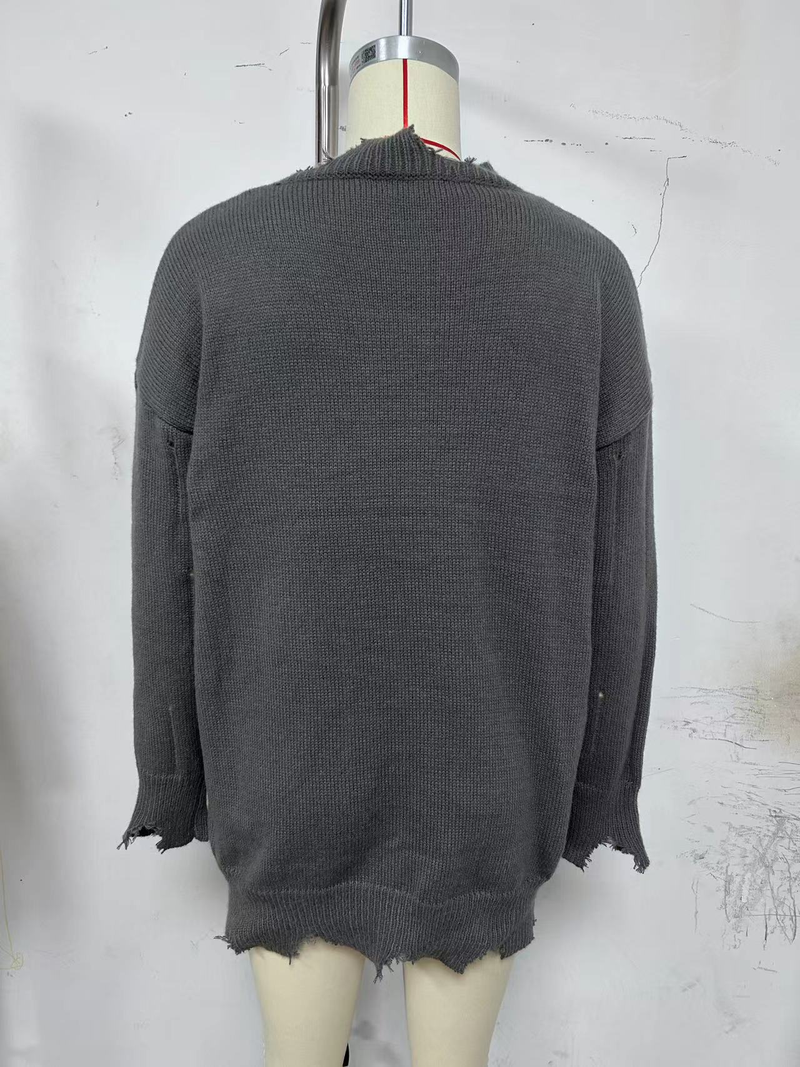 Damen Frühherbst neuer lockerer Pullover Damen handgemahlener Woll-Rundhalspullover_voghion.com