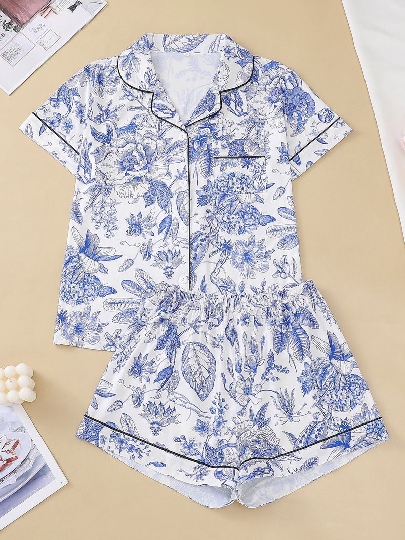 Damen Nachtwäsche Weißer Hintergrund Blau Blumendruck Damen Kurzarm Shorts Home Wear Anzug Strickjacke Lose_voghion.com