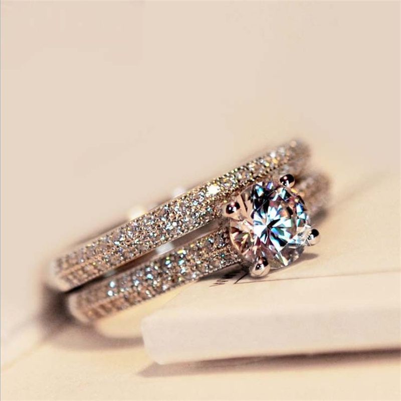 Dazzling Rose Gold Sier Color Round Ring for Women Metal Inlaid Zircon Stones Wedding Rings Set Engagement Jewelry_voghion.com