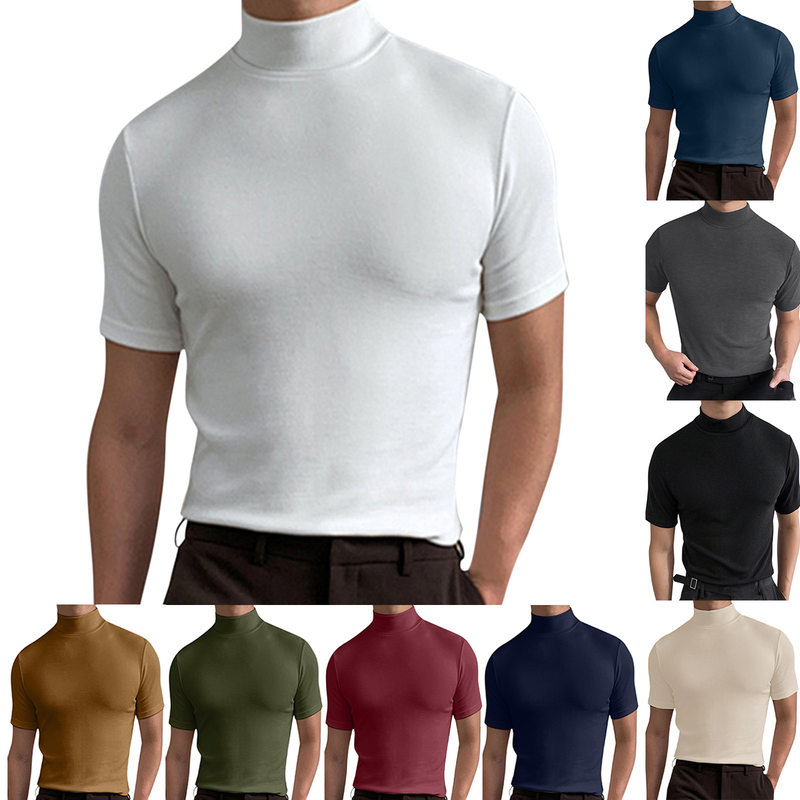 2023 herbst und Winter Hohe Kragen Kurzarm T-shirt männer Unterlage Einfarbig Top_voghion.com