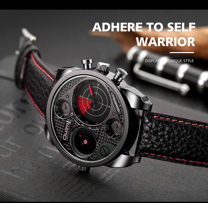 Stilvolle Herren-Quarzuhr mit großem Zifferblatt, zwei Zeitzonen und echtem Lederarmband – GMT-Funktionalität für Weltreisende GTM Two Time_voghion.com