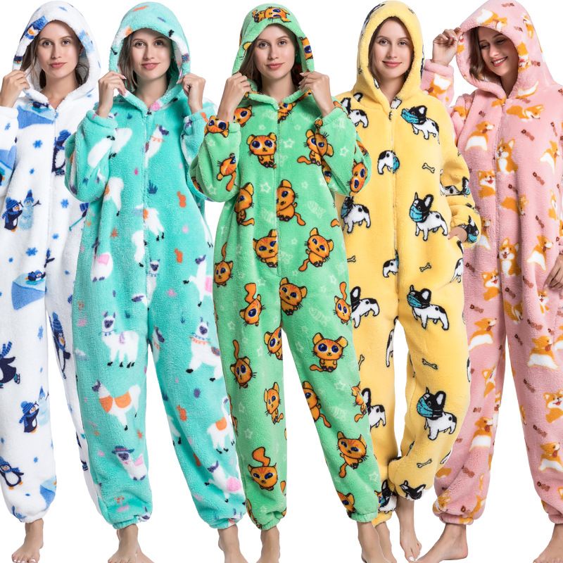 Cartoon Tier Pyjamas Niedlich Verdickt Unisex Paar Neue Flanell Homewear Einhorn Erwachsene Onesie_voghion.com
