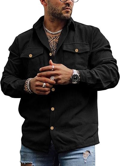 Men's Corduroy Button Jacket Long Sleeve Striped Casual Retro Double Pocket Work Tops Shirt_voghion.com