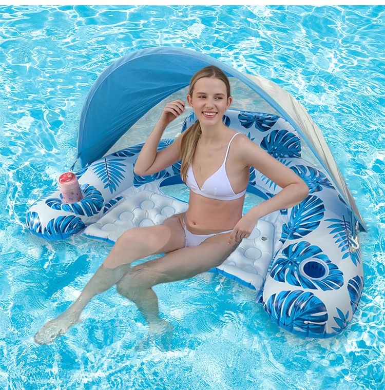 Leaf Shade Inflatable Lounge Chair - Thickened PVC With Canopy & Cup Holder (Stable Floating Seat For Pool Lake & Beach 180cm UV Protection)_voghion.com