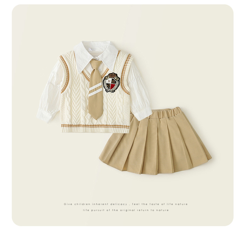 Ensemble pull pour filles, uniforme Preppy Jk d'automne, jupe plissée à manches longues, ensemble trois pièces_voghion.com