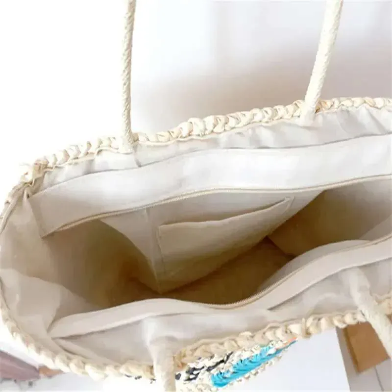 Borsa da spiaggia estiva Bohemia, grande capacità, realizzata a mano, intrecciata con buccia di mais e ricamata a forma di albero di cocco, da donna_voghion.com