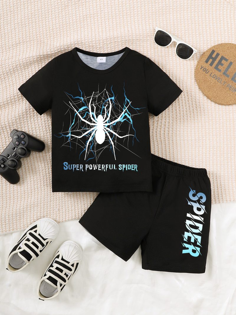 Mother&Kids Cartoon Thunder spider print short sleeve T-shirt and jogging shorts, suitable for casual and comfortable sports_voghion.com