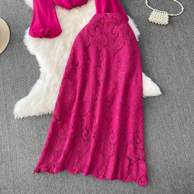Camicia da donna con fiocco, scollo rotondo, maniche a lanterna, top, tuta, gonna a vita alta in pizzo sottile e patchwork_voghion.com
