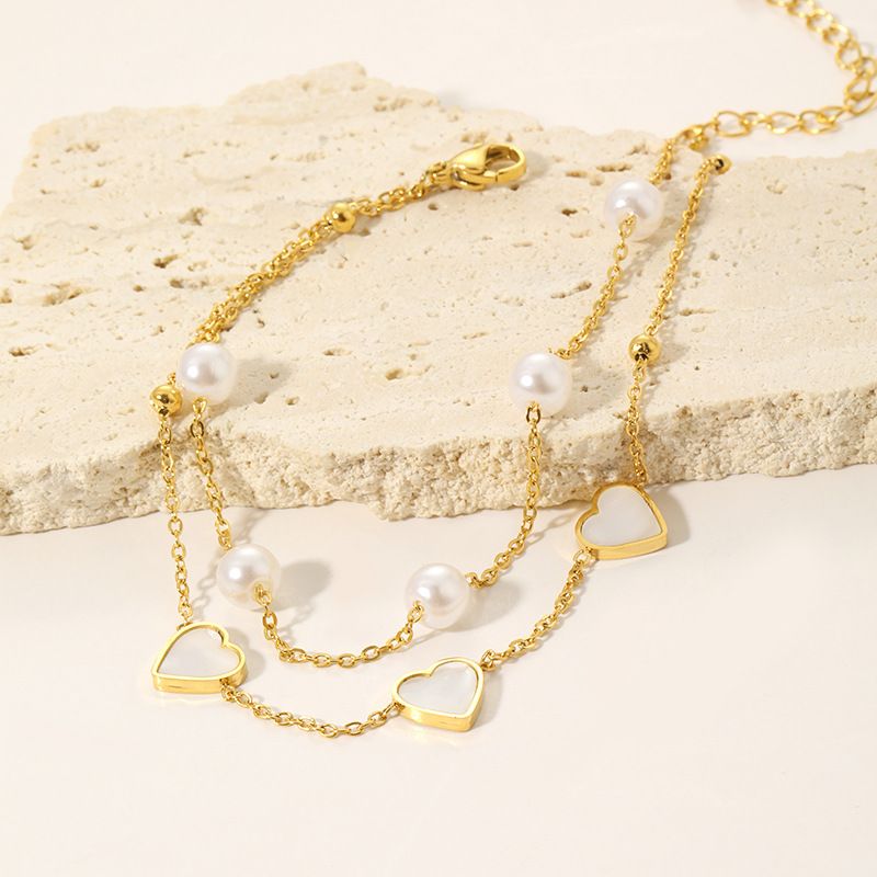 Doppellagiges Fußkettchen aus Perlen und Perlmutt – Vergoldeter Edelstahl, eleganter Fußschmuck für Frauen_voghion.com