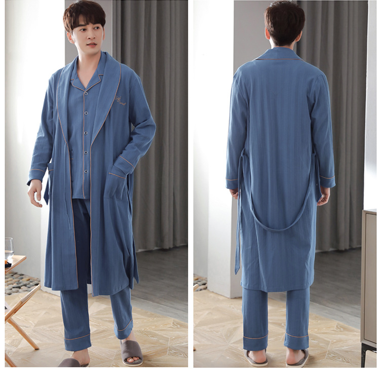 Couple nightgown women's spring and autumn pure cotton long-sleeved bathrobe pajamas men's autumn long bathrobe home clothes three-piece suit_voghion.com