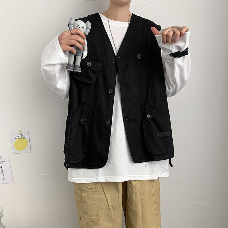 Baumwolle Sommer Neue Trendy Marke Multi Pocket Workwear Jacke Für Männer, Lose Und Vielseitig, Ärmelloses Weste Top Mit_voghion.com