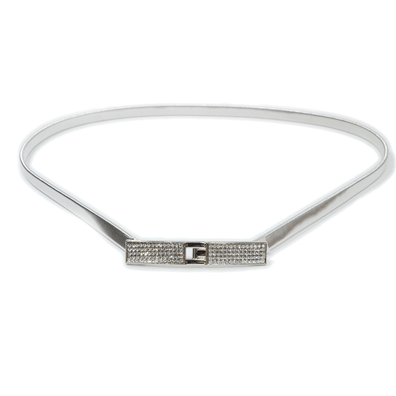 Women's Elastic Chain, Women's Casual And Fashionable Rhinestone Inlaid Buckle Metal Thin Waist Belt_voghion.com