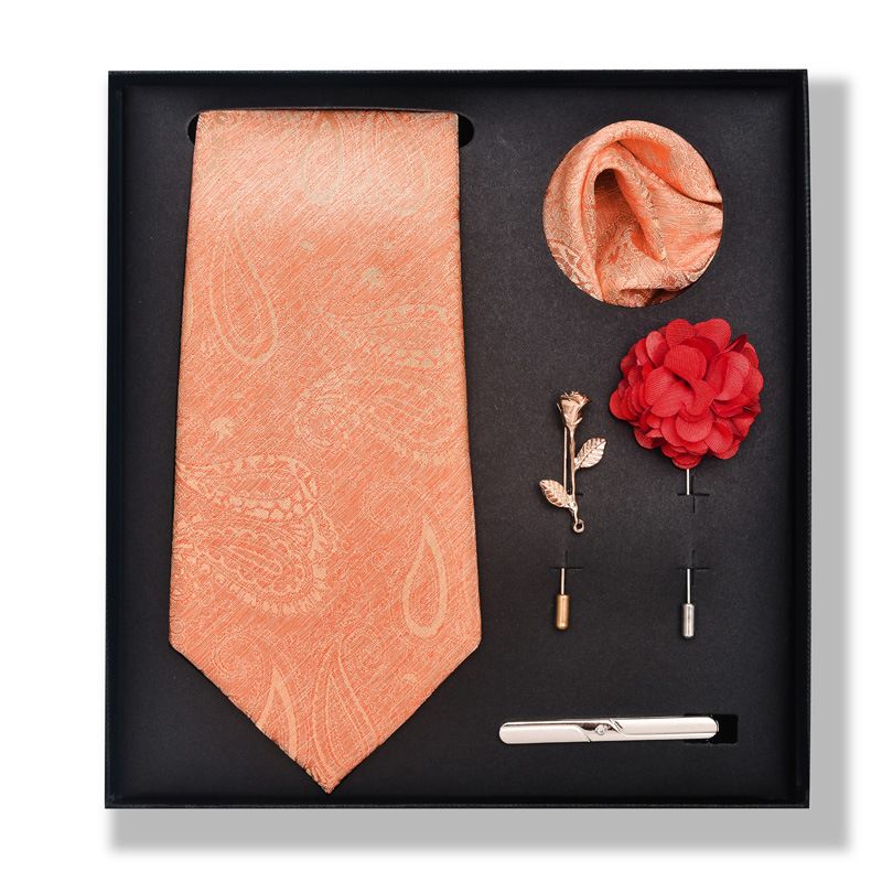 Set da uomo alla moda in tinta unita a righe con anacardi, confezione regalo da 6 pezzi, set con corsetto con fermacravatta e sciarpa quadrata_voghion.com