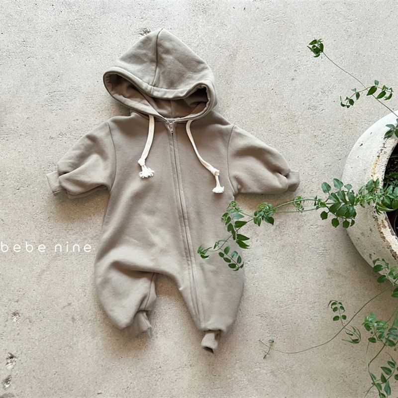 Baby Cotton Soft Oblique Zipper Hooded Long Sleeved Sweater Jumpsuit Korean Version Of The Baby Jumpsuit_voghion.com