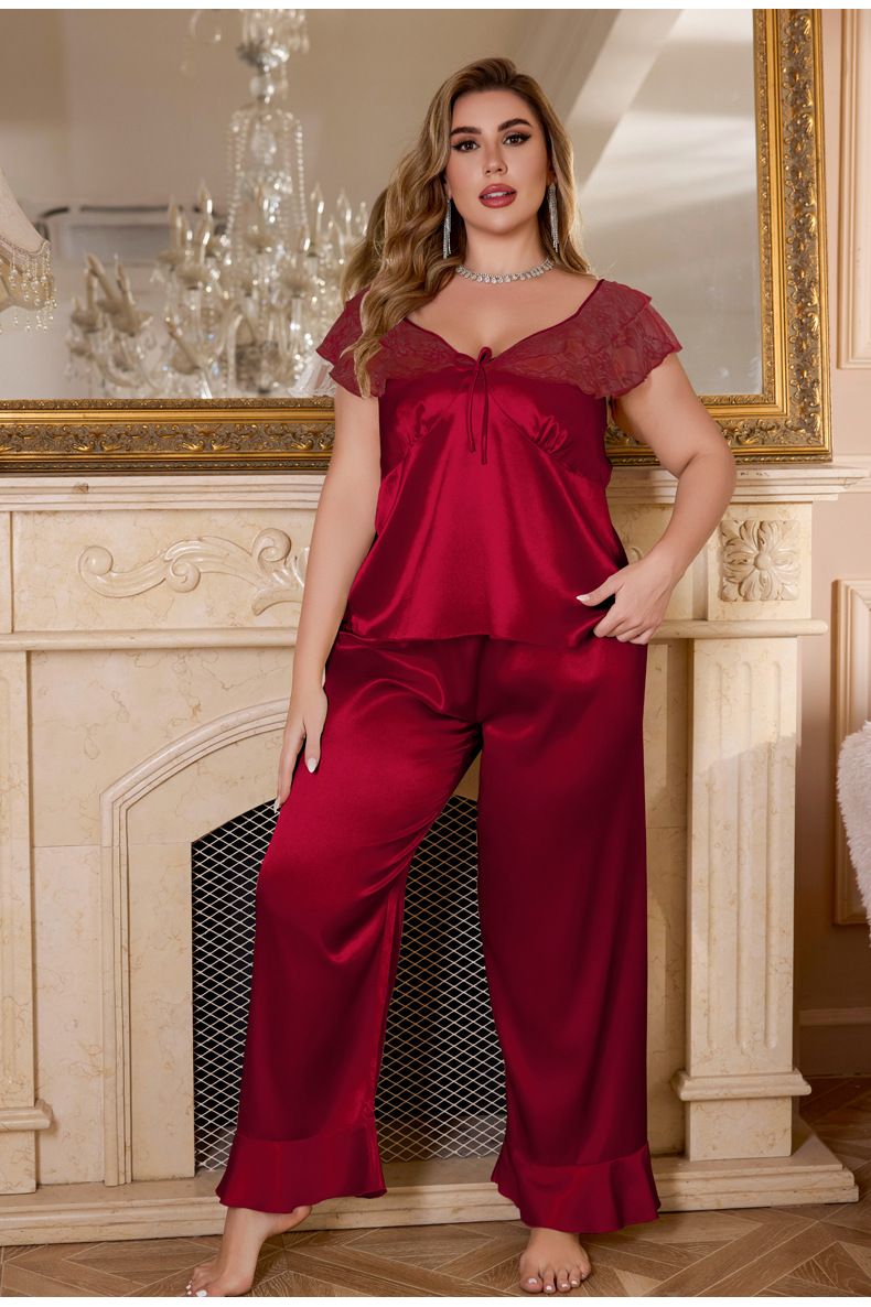 Large Size Ice Silk Pajamas Women's Multi-colored Lace Sexy Short-sleeved Trousers Loungewear Set_voghion.com