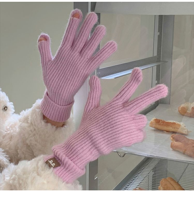 Bamboo powder extended version with wool, popular knitting, exposed fingers, gloves, women's Korean winter warm riding_voghion.com