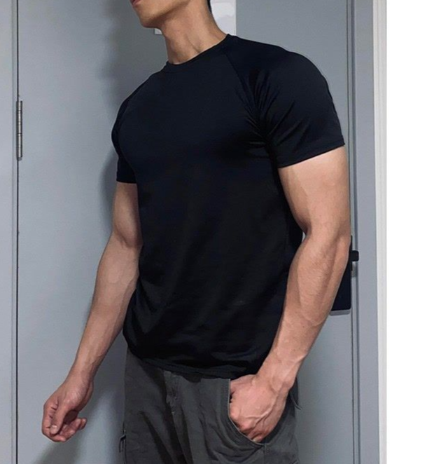 Black Cuffed T-Shirt Unisex Small Neck Slim Fit Muscle-Enhancing Short Sleeve Regular Shoulder Tee_voghion.com