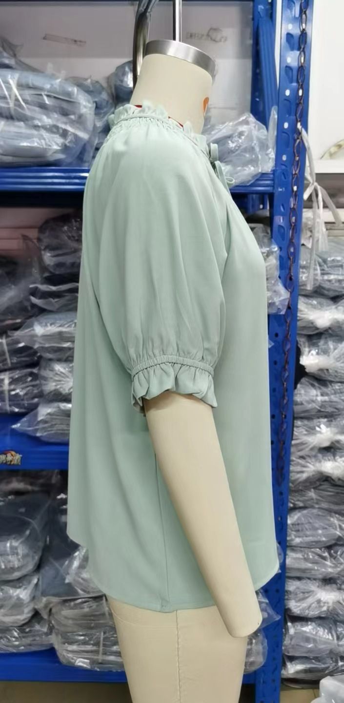 Spitzen-Plissee-Chiffon-Oberteil mit Prinzessinnenärmeln für Damen_voghion.com