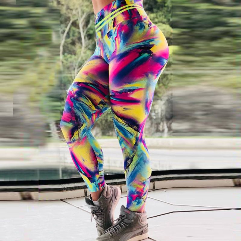 Leggings de pantalon de Yoga de sport taille haute, imprimé numérique arc-en-ciel_voghion.com