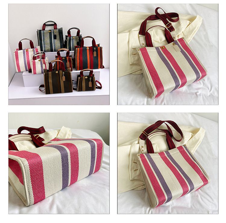 Borsa tote da donna, borsa tote a mano alla moda a righe da donna, borsa a tracolla monospalla in tela color-block di grande capacità_voghion.com